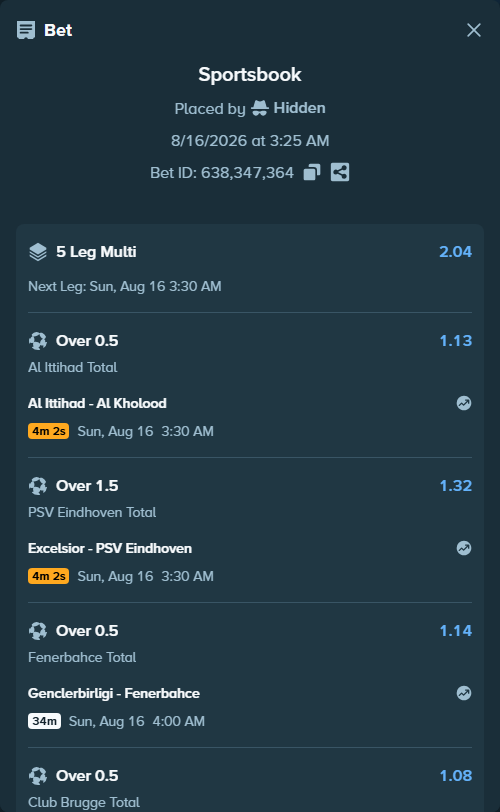Bet slip: OH Leuven - Club Brugge, $11,992.70 stake at 1.08 odds, placed by Hidden