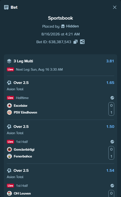 Bet slip: OH Leuven - Club Brugge, $70,009.94 stake at 1.54 odds, placed by Hidden
