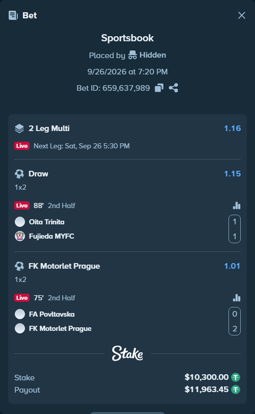 Bet slip: Oita Trinita - Fujieda MYFC, $10,300.00 stake at 1.15 odds, placed by Usklood