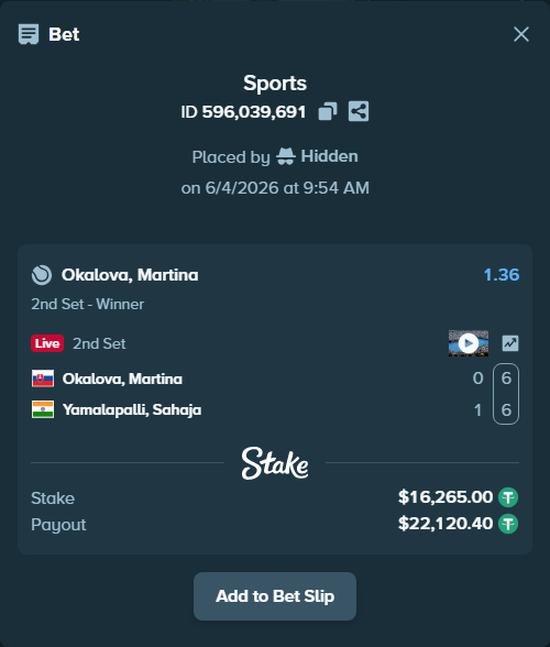 Bet slip: Okalova, Martina - Yamalapalli, Sahaja, $16,281.26 stake at 1.36 odds, placed by Hidden