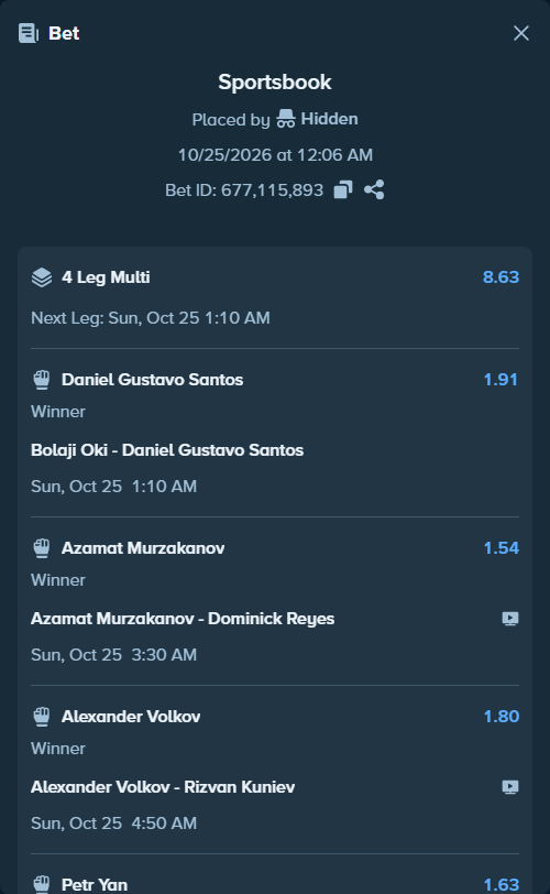 Bet slip: Oki, Bolaji - Daniel Gustavo Santos, $10,000.00 stake at 1.91 odds, placed by Maxprof