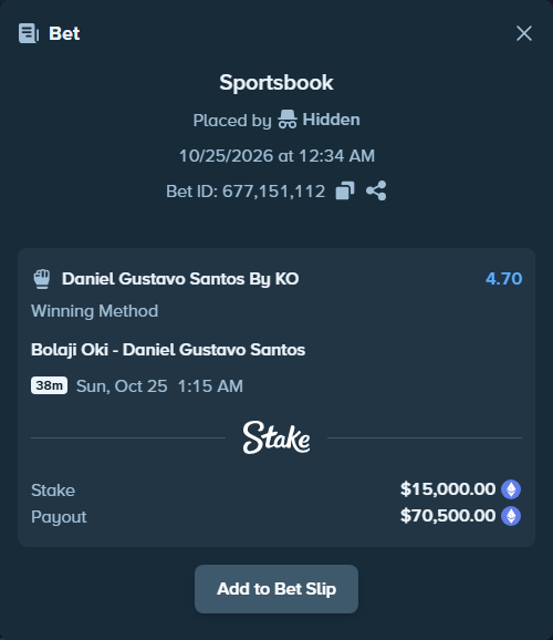 Bet slip: Oki, Bolaji - Daniel Gustavo Santos, $14,815.89 stake at 4.70 odds, placed by Hidden