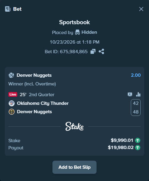 Bet slip: Oklahoma City Thunder - Denver Nuggets, $10,000.00 stake at 2.00 odds, placed by dramer27