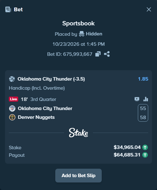 Bet slip: Oklahoma City Thunder - Denver Nuggets, $35,000.00 stake at 1.85 odds, placed by Hidden