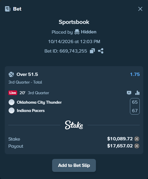 Bet slip: Oklahoma City Thunder - Indiana Pacers, $10,100.41 stake at 1.75 odds, placed by Hidden