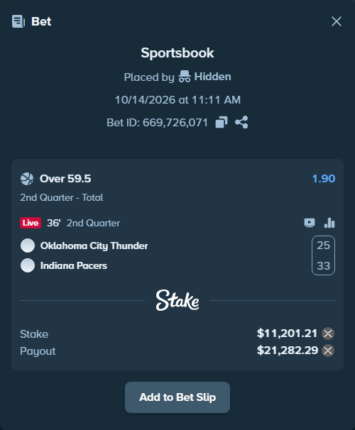Bet slip: Oklahoma City Thunder - Indiana Pacers, $11,191.58 stake at 1.90 odds, placed by Hidden
