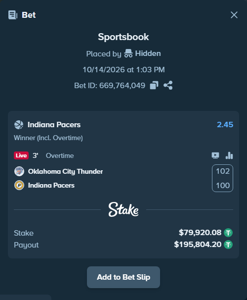 Bet slip: Oklahoma City Thunder - Indiana Pacers, $80,000.00 stake at 2.45 odds, placed by Hidden