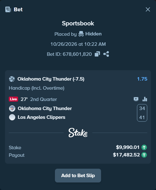 Bet slip: Oklahoma City Thunder - LA Clippers, $10,000.00 stake at 1.75 odds, placed by Rovangood