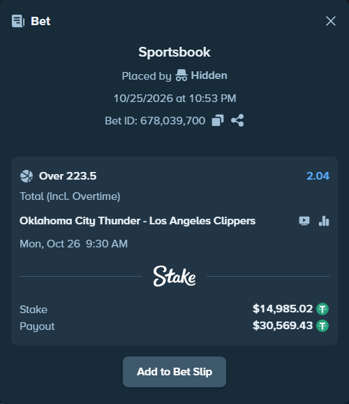Bet slip: Oklahoma City Thunder - LA Clippers, $15,000.00 stake at 2.04 odds, placed by Hidden