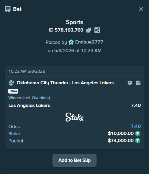 Bet slip: Oklahoma City Thunder - Los Angeles Lakers, $10,000.00 stake at 7.40 odds, placed by Enrique2777