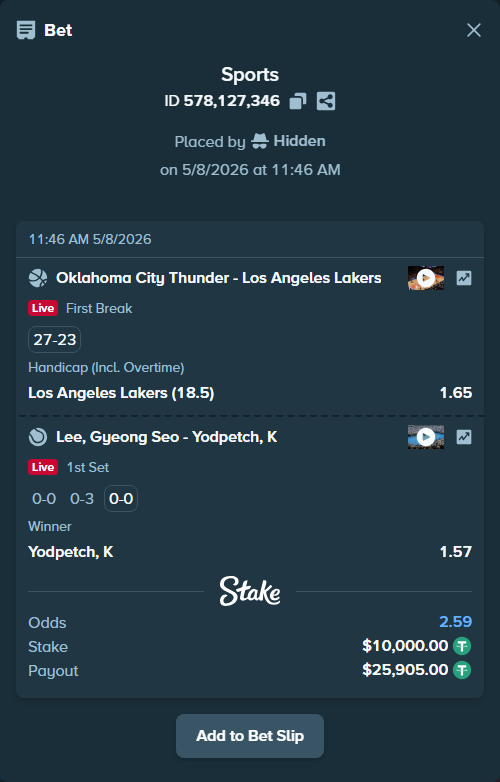 Bet slip: Oklahoma City Thunder - Los Angeles Lakers, $10,000.00 stake at 1.65 odds, placed by Hidden