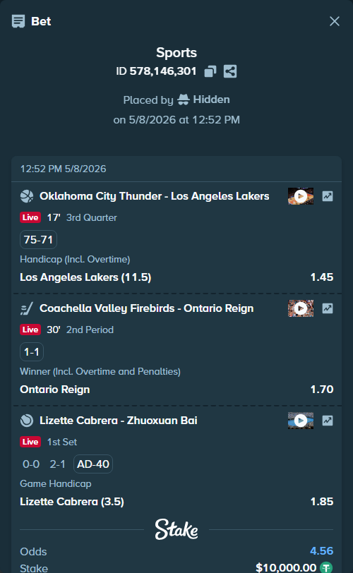 Bet slip: Oklahoma City Thunder - Los Angeles Lakers, $10,000.00 stake at 1.45 odds, placed by Hidden