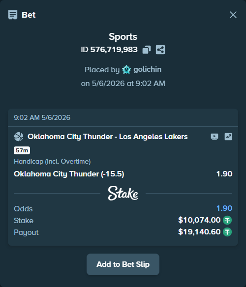 Bet slip: Oklahoma City Thunder - Los Angeles Lakers, $10,074.00 stake at 1.90 odds, placed by golichin