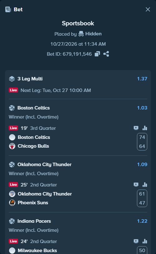 Bet slip: Oklahoma City Thunder - Phoenix Suns, $10,711.35 stake at 1.09 odds, placed by MattyMoreno07