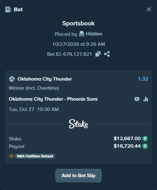 Bet slip: Oklahoma City Thunder - Phoenix Suns, $12,679.67 stake at 1.32 odds, placed by reggieewellq