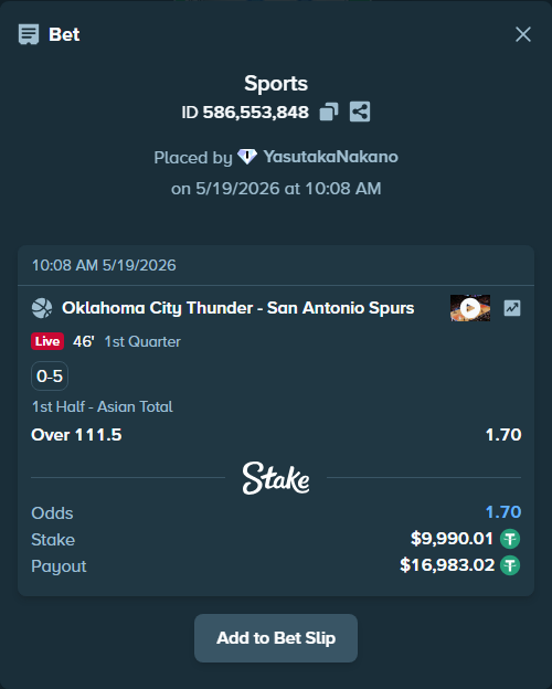 Bet slip: Oklahoma City Thunder - San Antonio Spurs, $10,000.00 stake at 1.70 odds, placed by YasutakaNakano