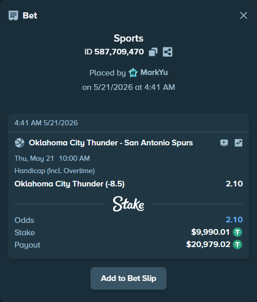 Bet slip: Oklahoma City Thunder - San Antonio Spurs, $10,000.00 stake at 2.10 odds, placed by MarkYu