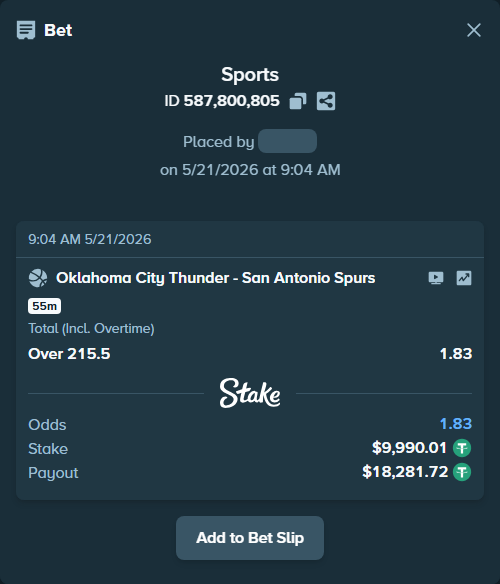 Bet slip: Oklahoma City Thunder - San Antonio Spurs, $10,000.00 stake at 1.83 odds, placed by DMNTE96