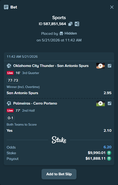 Bet slip: Oklahoma City Thunder - San Antonio Spurs, $10,000.00 stake at 2.95 odds, placed by Hidden