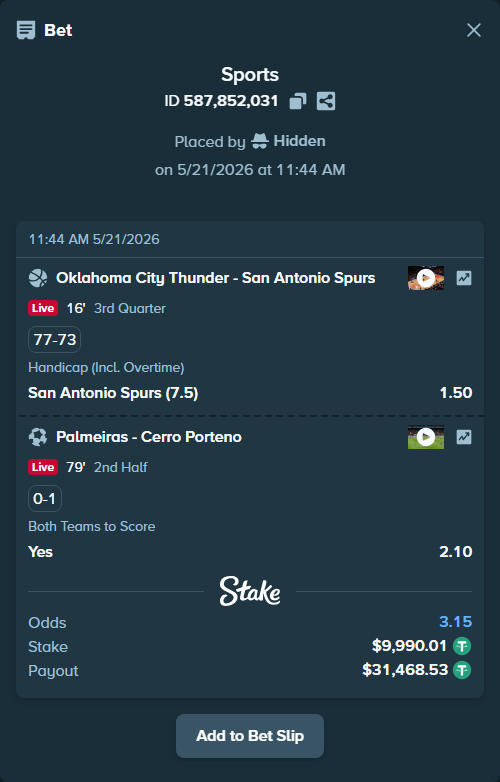 Bet slip: Oklahoma City Thunder - San Antonio Spurs, $10,000.00 stake at 1.50 odds, placed by Hidden