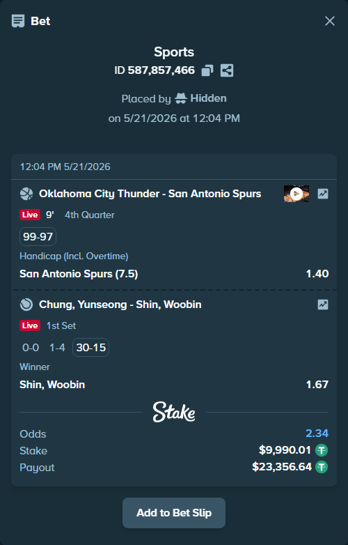 Bet slip: Oklahoma City Thunder - San Antonio Spurs, $10,000.00 stake at 1.40 odds, placed by Hidden