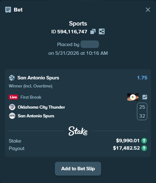 Bet slip: Oklahoma City Thunder - San Antonio Spurs, $10,000.00 stake at 1.75 odds, placed by Thanoscape