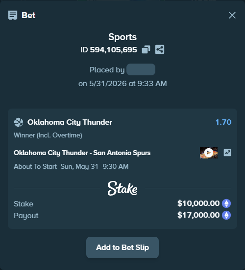 Bet slip: Oklahoma City Thunder - San Antonio Spurs, $8,590.09 stake at 1.70 odds, placed by Razzlox