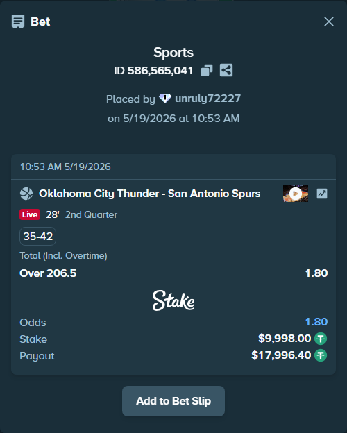 Bet slip: Oklahoma City Thunder - San Antonio Spurs, $10,008.00 stake at 1.80 odds, placed by unruly72227