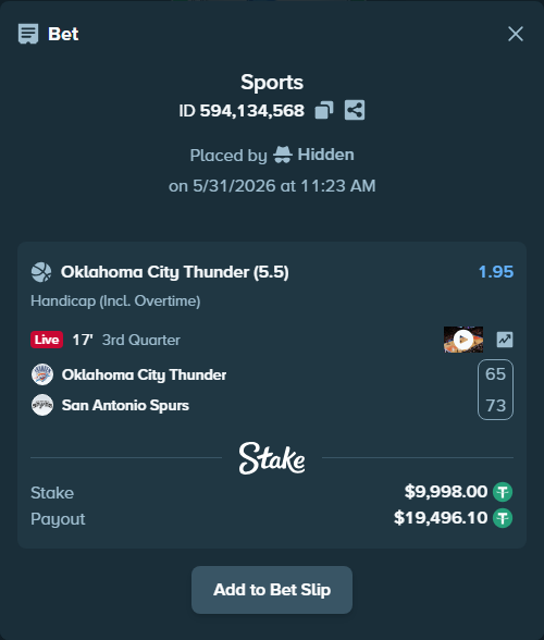 Bet slip: Oklahoma City Thunder - San Antonio Spurs, $10,008.00 stake at 1.95 odds, placed by Hidden