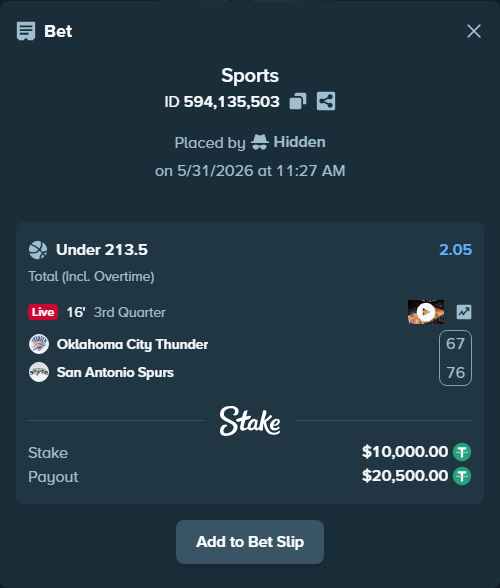 Bet slip: Oklahoma City Thunder - San Antonio Spurs, $10,010.00 stake at 2.05 odds, placed by Hidden