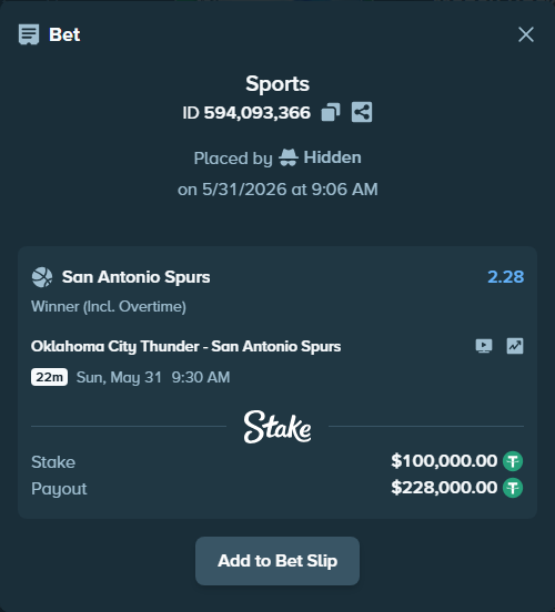 Bet slip: Oklahoma City Thunder - San Antonio Spurs, $100,100.00 stake at 2.28 odds, placed by Hidden