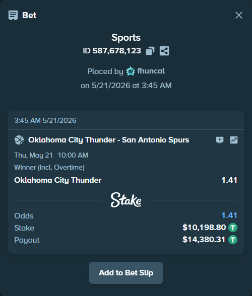 Bet slip: Oklahoma City Thunder - San Antonio Spurs, $10,209.00 stake at 1.41 odds, placed by fhuncal