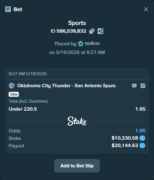 Bet slip: Oklahoma City Thunder - San Antonio Spurs, $10,330.58 stake at 1.95 odds, placed by tmflrm