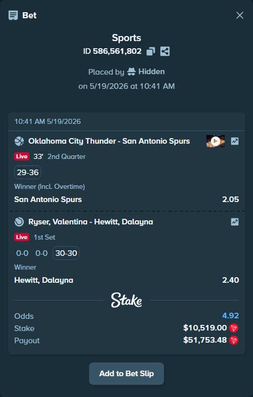 Bet slip: Oklahoma City Thunder - San Antonio Spurs, $9,655.91 stake at 2.05 odds, placed by Hidden