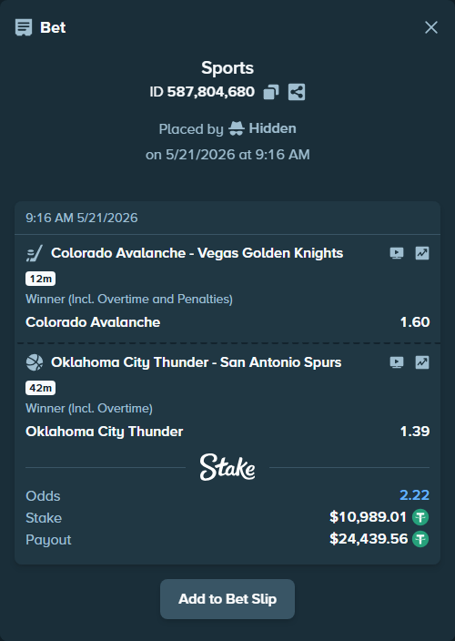 Bet slip: Oklahoma City Thunder - San Antonio Spurs, $11,000.00 stake at 1.39 odds, placed by Hidden