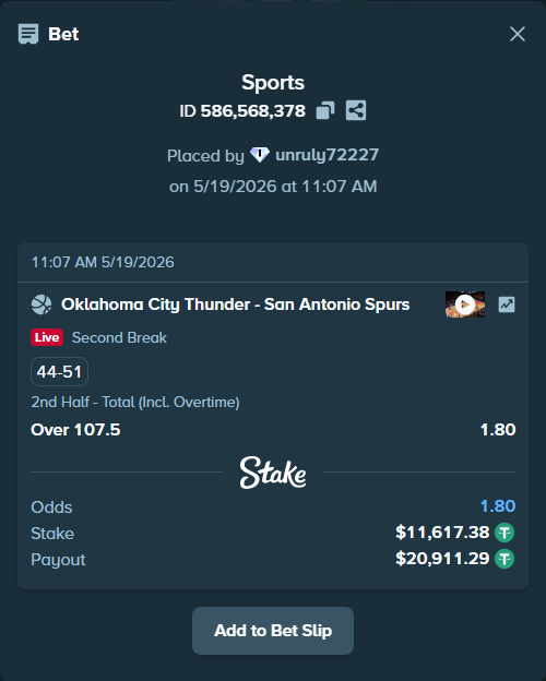 Bet slip: Oklahoma City Thunder - San Antonio Spurs, $11,629.00 stake at 1.80 odds, placed by unruly72227