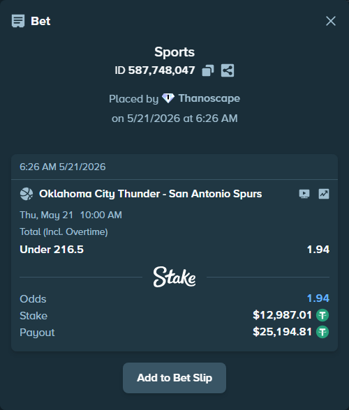 Bet slip: Oklahoma City Thunder - San Antonio Spurs, $13,000.00 stake at 1.94 odds, placed by Thanoscape