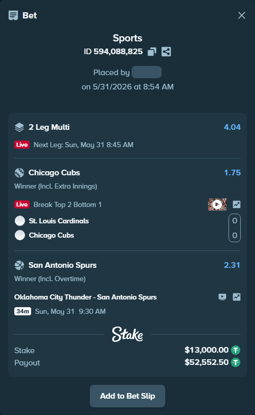 Bet slip: Oklahoma City Thunder - San Antonio Spurs, $13,013.00 stake at 2.31 odds, placed by NicoleCoal