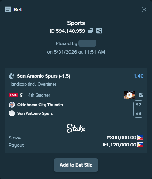 Bet slip: Oklahoma City Thunder - San Antonio Spurs, $14,400.00 stake at 1.40 odds, placed by Snowjacksmgle