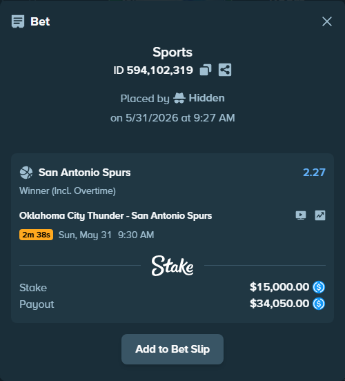 Bet slip: Oklahoma City Thunder - San Antonio Spurs, $15,000.00 stake at 2.27 odds, placed by Hidden