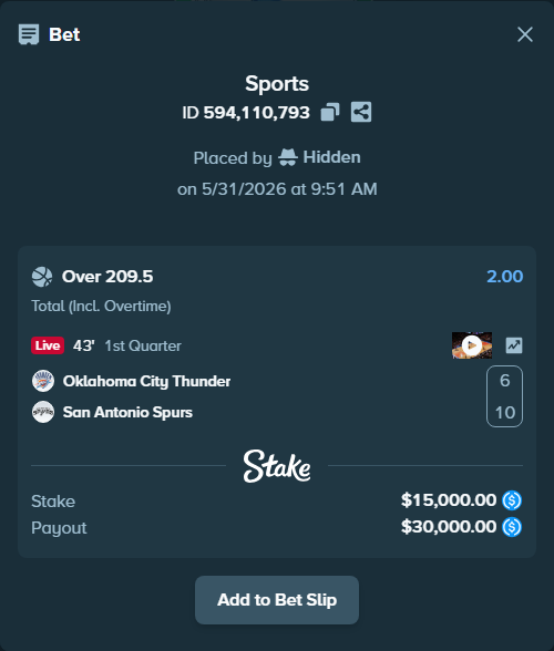 Bet slip: Oklahoma City Thunder - San Antonio Spurs, $15,000.00 stake at 2.00 odds, placed by Hidden