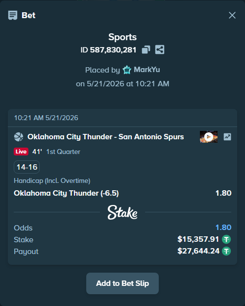 Bet slip: Oklahoma City Thunder - San Antonio Spurs, $15,373.27 stake at 1.80 odds, placed by MarkYu