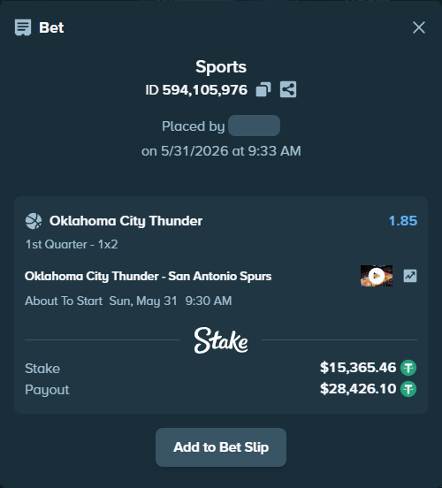 Bet slip: Oklahoma City Thunder - San Antonio Spurs, $15,380.83 stake at 1.85 odds, placed by Elantari36