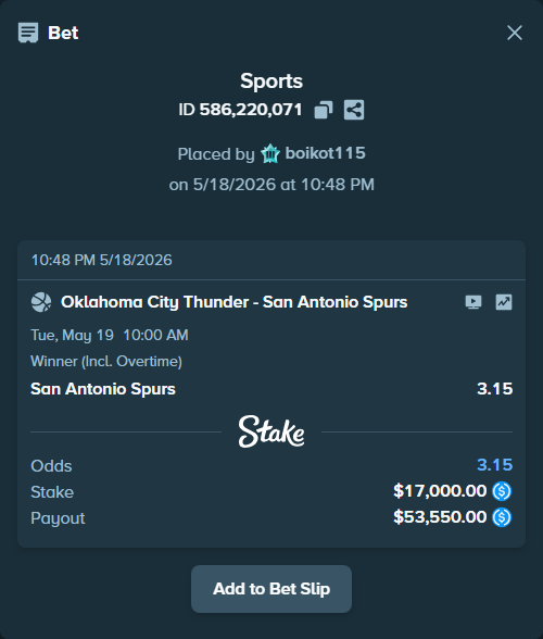 Bet slip: Oklahoma City Thunder - San Antonio Spurs, $17,000.00 stake at 3.15 odds, placed by boikot115