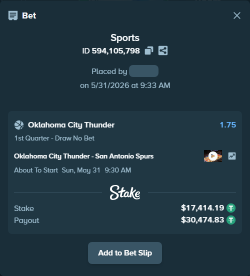 Bet slip: Oklahoma City Thunder - San Antonio Spurs, $17,431.60 stake at 1.75 odds, placed by Elantari36