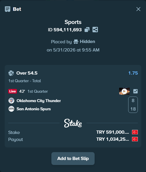 Bet slip: Oklahoma City Thunder - San Antonio Spurs, $17,730.00 stake at 1.75 odds, placed by Hidden