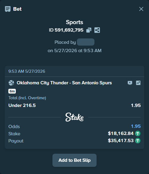 Bet slip: Oklahoma City Thunder - San Antonio Spurs, $18,181.00 stake at 1.95 odds, placed by Liron5555