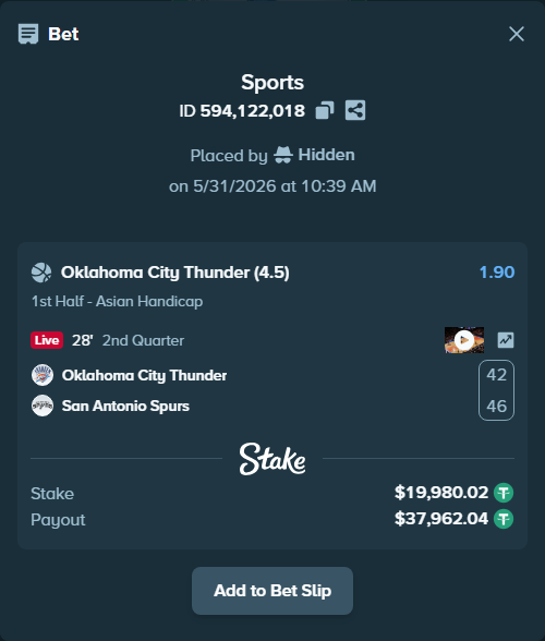 Bet slip: Oklahoma City Thunder - San Antonio Spurs, $20,000.00 stake at 1.90 odds, placed by Hidden