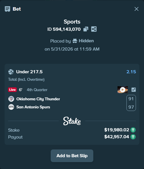 Bet slip: Oklahoma City Thunder - San Antonio Spurs, $20,000.00 stake at 2.15 odds, placed by Hidden