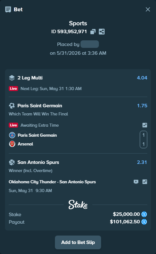 Bet slip: Oklahoma City Thunder - San Antonio Spurs, $25,000.00 stake at 2.31 odds, placed by Cabrzy